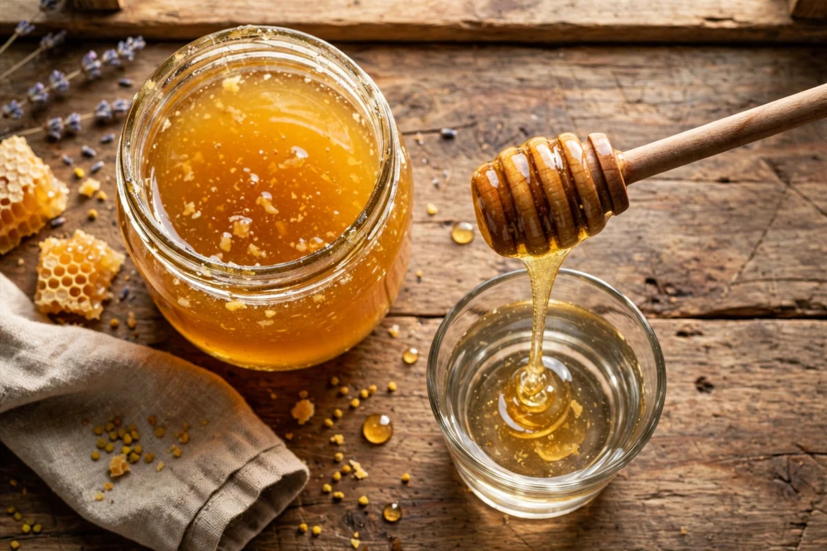 How to check honey purity at home - raw honey jar, honey dipper and water glass